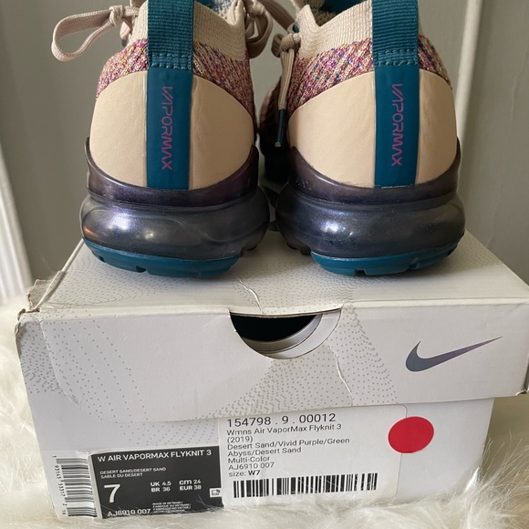 W Air VaporMax FlyKnit 3 in Desert Sand Vivid Purple Green Abyss - Multi-Color - Picture 4 of 6